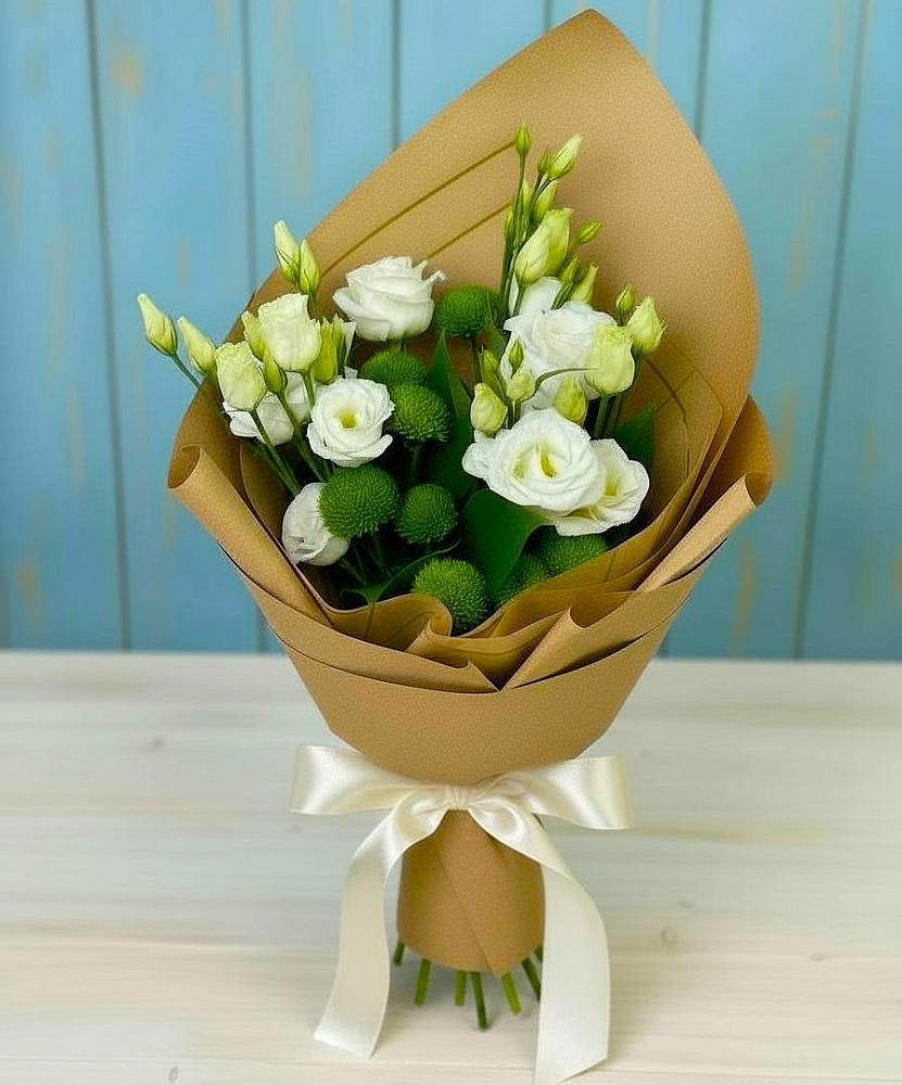 Букет цветов из: Хризантемы и Лизиантусы в Сосновке